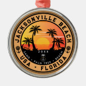 Jacksonville Beach Florida tropisches Retro Sunset Ornament Aus Metall (Vorne)