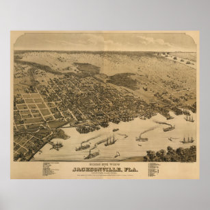 Jacksonville, FL Birdseye Map, Circe 1874 Poster