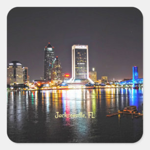 Jacksonville, FL Skyline in der Nacht Quadratischer Aufkleber