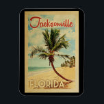 Jacksonville Palm Tree Vintage Travel Magnet<br><div class="desc">Ein einzigartiges Retro Mitte des Jahrhunderts moderne Jacksonville Florida Kunstdruck in Vintage Reise Poster Stil. Es verfügt über eine geschwungene Palme am Sandstrand mit Ozean unter einem blauen bewölkten Himmel.</div>