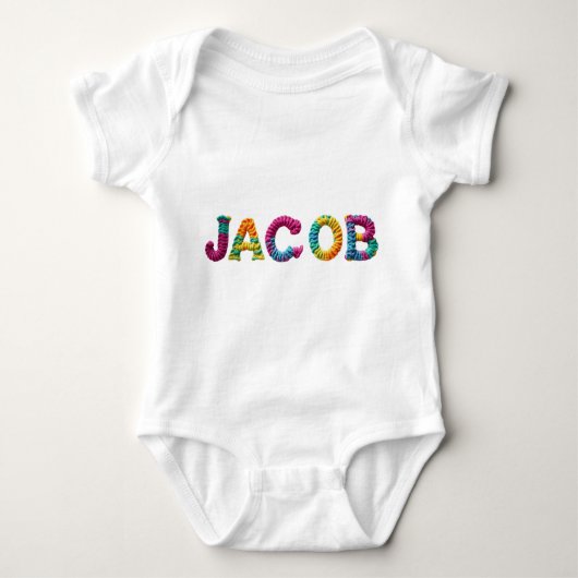 JACOB Name in lebendigem Häkelmuster Baby Strampler (Vorderseite)