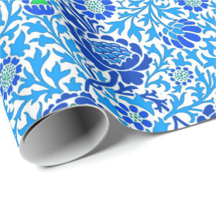 Jacobitisches Blumen-Wallpaper, Navy und Himmelbla Geschenkpapier