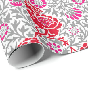 Jacobitisches Blumenwallpaper, Tiefrot, Pink und G Geschenkpapier