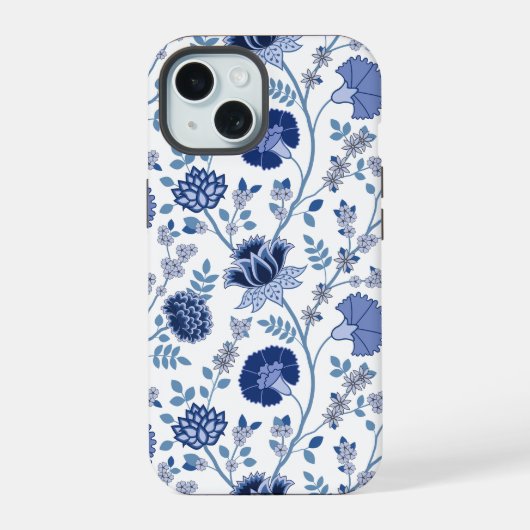 Jacobobobohnenfloral Big Pattern Blues auf Weiß iPhone 15 Hülle (Rückseite)