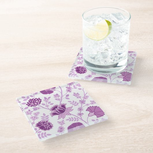 Jacobobobohnenfloral Lg Muster Pinks auf Weiß Glasuntersetzer (Schrägansicht)