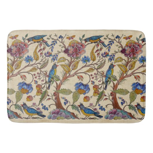 Jacobobohne Bird Floral Chinoiserie Tan Linen Look Badematte (Vorderseite)