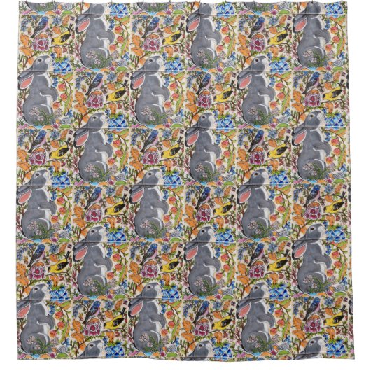 Jacobobohne Blumengebälk Bunny Rabbit Birds Duschv Duschvorhang (Vorderseite)