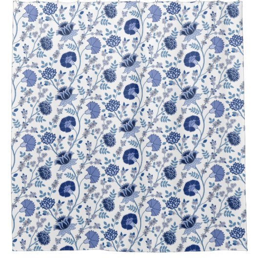 Jacobobohne Muster Blau auf Weiß Duschvorhang (Vorderseite)