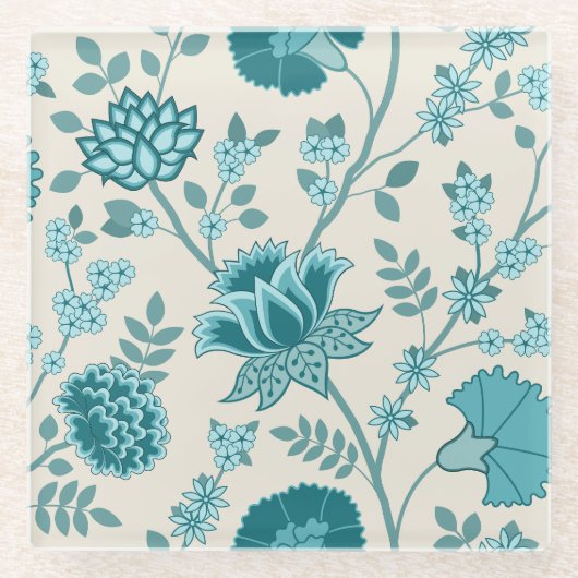 Jacobohne Blumenmuster Lg Muster Teals auf Creme Glasuntersetzer (Vorderseite)