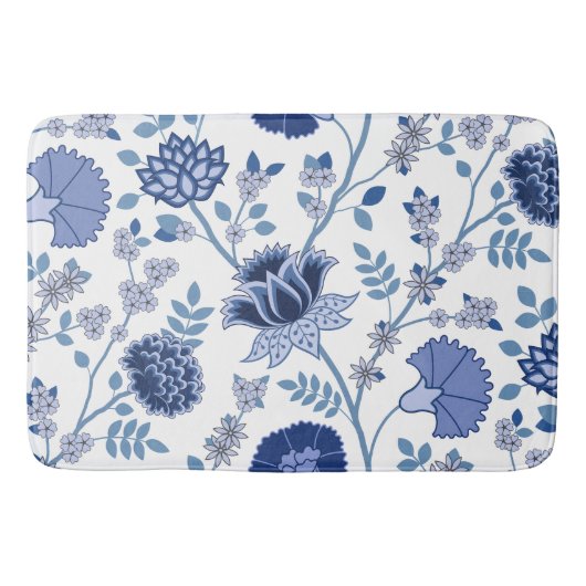 Jacobohne Floral Lg Muster Blau auf Weiß Badematte (Vorderseite)
