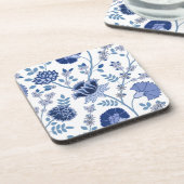 Jacobohne Floral Lg Muster Blau auf Weiß Getränkeuntersetzer (Linke Seite)