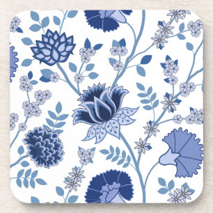Jacobohne Floral Lg Muster Blau auf Weiß Getränkeuntersetzer