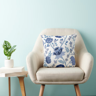 Jacobohne Floral Lg Muster Blau auf Weiß Kissen