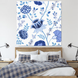 Jacobohne Floral Lg Muster Blau auf Weiß Leinwanddruck