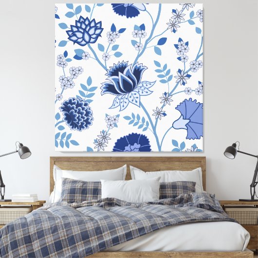 Jacobohne Floral Lg Muster Blau auf Weiß Leinwanddruck (Insitu (Schlafzimmer))