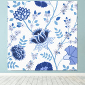 Jacobohne Floral Lg Muster Blau auf Weiß Leinwanddruck (Insitu (Holzboden))