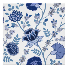 Jacobohne Floral Lg Muster Blau auf Weiß Poster