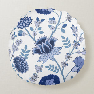 Jacobohne Floral Lg Muster Blau auf Weiß Rundes Kissen