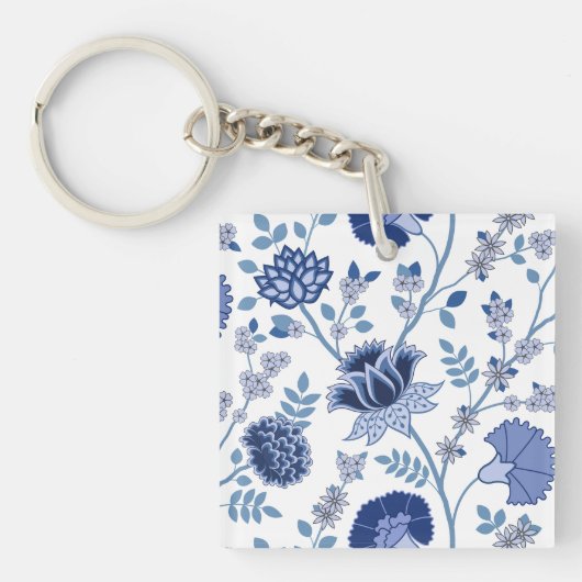Jacobohne Floral Lg Muster Blau auf Weiß Schlüsselanhänger (Vorderseite)