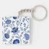 Jacobohne Floral Lg Muster Blau auf Weiß Schlüsselanhänger (Rückseite)