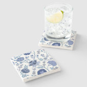 Jacobohne Floral Lg Muster Blau auf Weiß Steinuntersetzer (Seitenansicht)