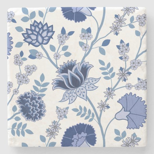 Jacobohne Floral Lg Muster Blau auf Weiß Steinuntersetzer (Vorderseite)