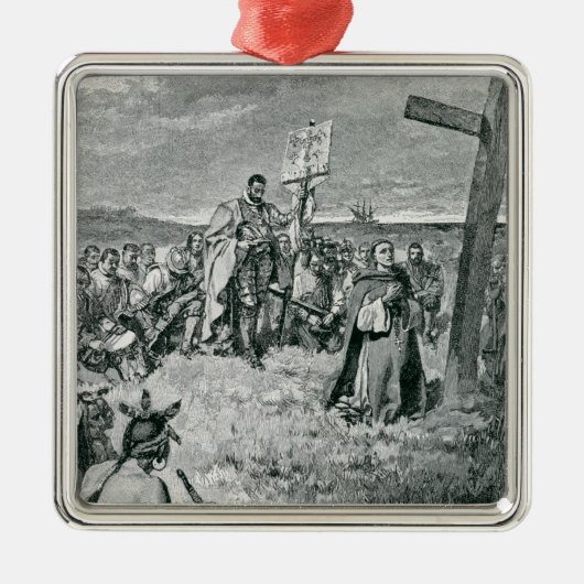 Jacques Cartier, der ein Kreuz bei Gaspe gründet Silbernes Ornament (Vorne)