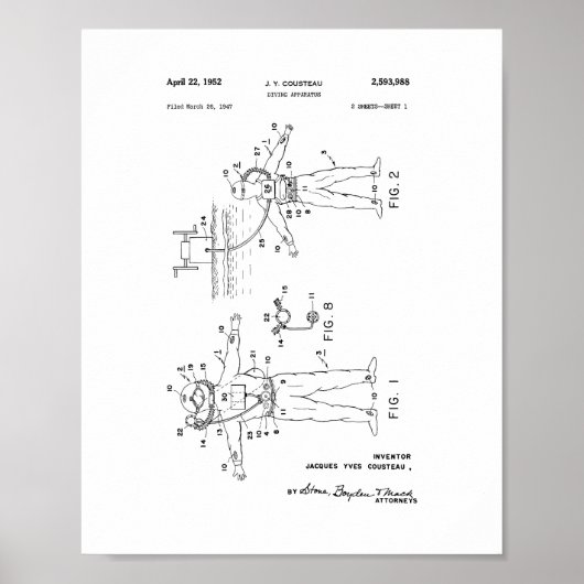 Jacques Cousteau Diving Gerät Patent Poster (Vorne)
