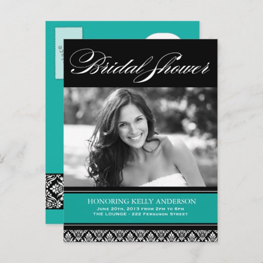 Jade and Black Damask Brautparty lädt Einladungspostkarte (Vorne/Hinten)