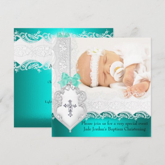 Jade Aquamarin White Lace Foto Einladung (Vorne/Hinten)