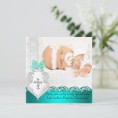 Jade Aquamarin White Lace Foto Einladung (Stehend Vorderseite)
