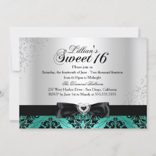 Jade Black Damask Sparkle Sweet 16 Einladung