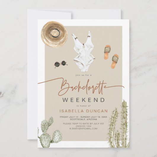 JADE Bohemisch Wüste Cactus Bachelorette Itinerary Einladung (Vorderseite)