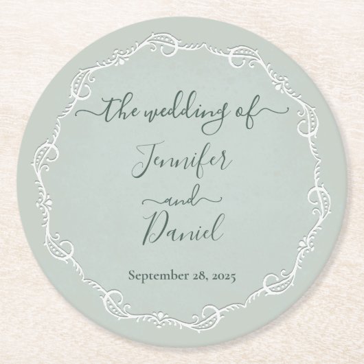 Jade Bride Embossed + Groom Wedding Paper Unterset Runder Pappuntersetzer (Vorderseite)