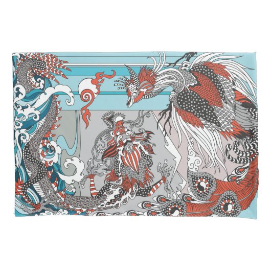 Jade Dragon and Gold Phoenix playing with a pearl Kissenbezug (Vorderseite)