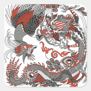 Jade Dragon und Gold Phoenix spielen mit einer Per Quadratischer Aufkleber