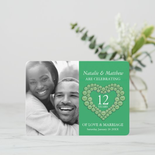 Jade green beaded Herz 12. Hochzeit Jubiläum Einladung (Stehend Vorderseite)