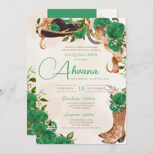 Jade Green Charro Quinceañera Country Western Einladung (Vorne/Hinten)