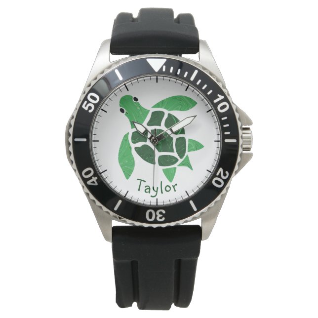 Jade Green Sea Turtle Mosaik mit Namen Armbanduhr (Vorderseite)