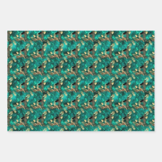 Jade Green und Gold Foil Look Leopard Print Geschenkpapier Set (Vorderseite 3)