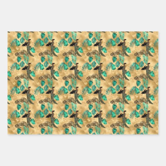 Jade Green und Gold Foil Look Leopard Print Geschenkpapier Set (Vorderseite 2)