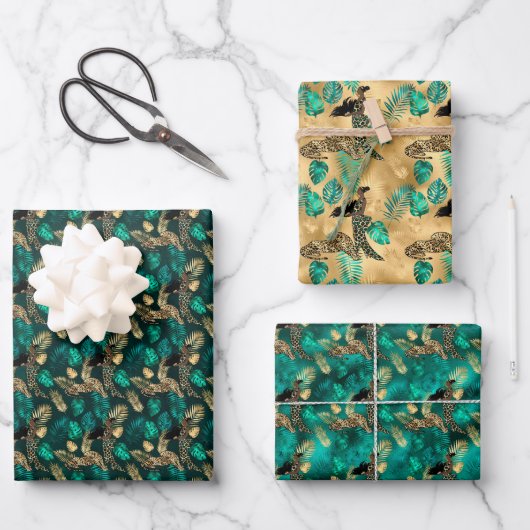 Jade Green und Gold Foil Look Leopard Print Geschenkpapier Set (Vorderseite)