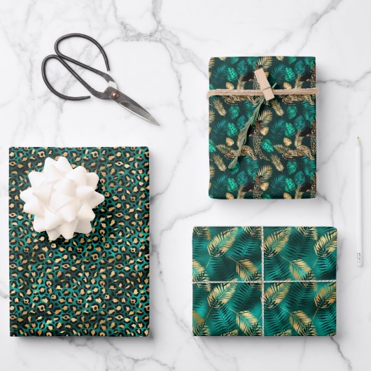 Jade Green und Gold Foil Look Leopard Print Geschenkpapier Set (Vorderseite)