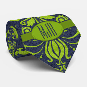 Jade Green und Navy Damask Swirl Monogram Krawatte
