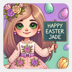 JADE ~ HAPPY EASTER ~ Blume Quadratischer Aufkleber