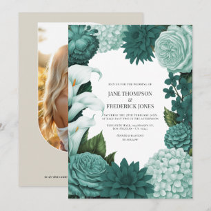 Jade Haze, Alpine Teal & Snow Mint Florale Hochzei Einladung
