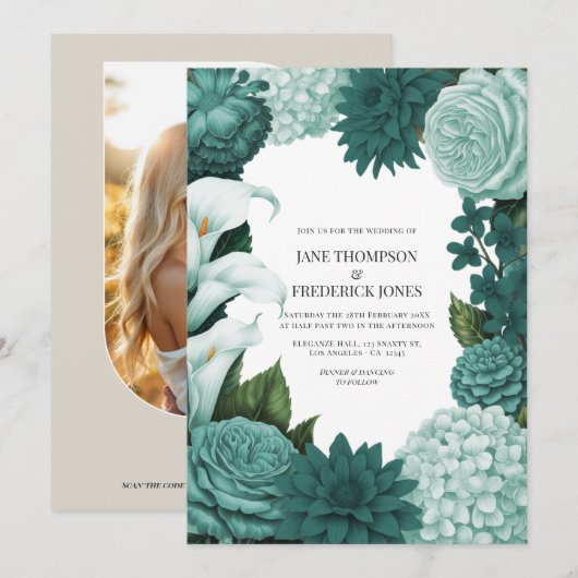 Jade Haze, Alpine Teal & Snow Mint Florale Hochzei Einladung (Vorne/Hinten)