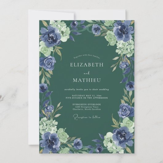 Jade Indigo Blütenhochzeit Einladung (Vorderseite)
