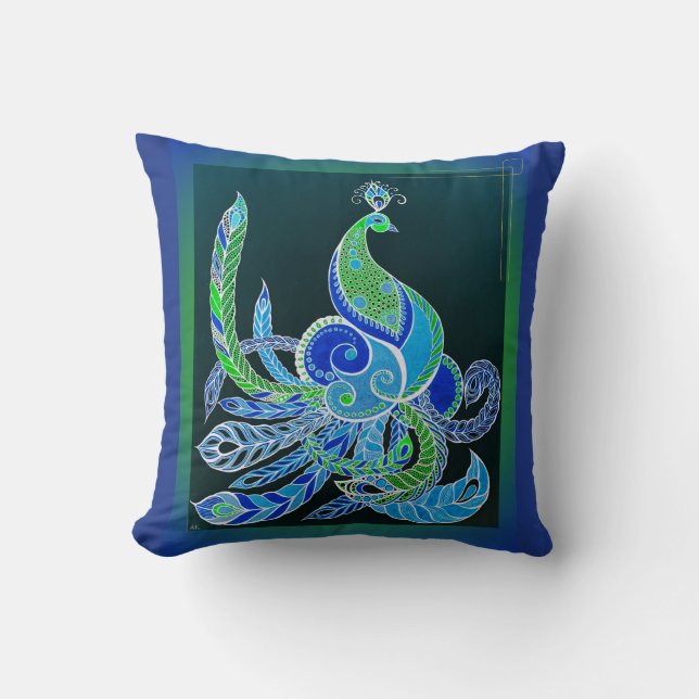 Jade Majesty Elegante Grün und Blau Pfau Kissen (Vorderseite)