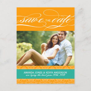 Jade und Orange Damask Save the Date Ankündigungspostkarte